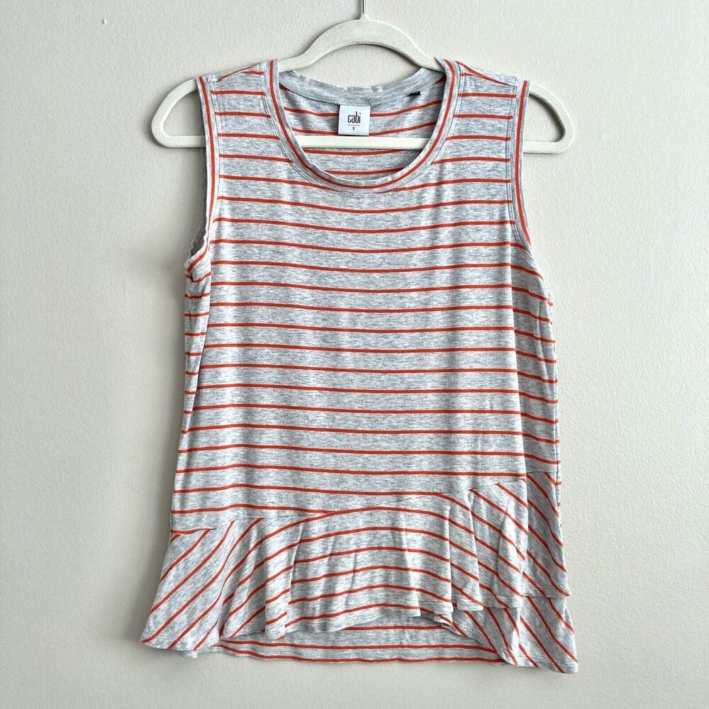 CAbi Womens Tank Top Size Small Gray Orange Striped Sleeveless Rayon Ruffle Hem